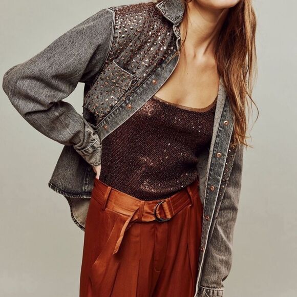 Free People Late Night Disco Glitter Sequin Layering Top Bronze Brown XS NEW - Picture 3 of 11